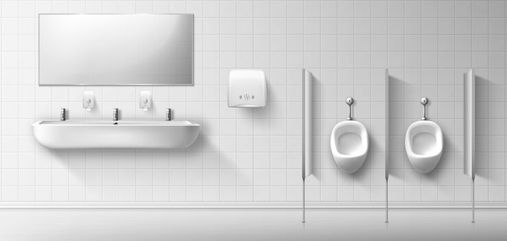 Kostenlose Vektor öffentliche männertoilette mit urinal, waschbecken und spiegel