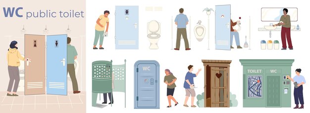 Kostenloser Vektor Öffentliche toiletten-flachkomposition mit innenräumen und straßenobjekten vektorillustration