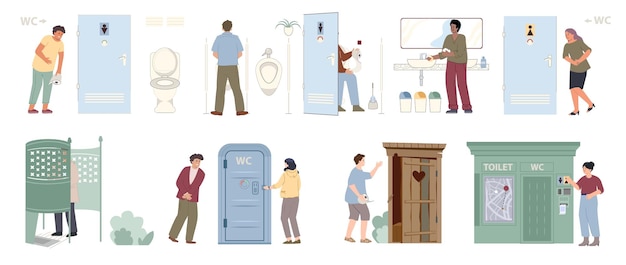 Öffentliche toiletten flat set von innen- und außen-toiletten open-air-urinale und straßenhütten isolierte vektor-illustration