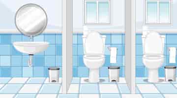 Kostenloser Vektor Öffentliche toilettenkabinen mit waschbecken und spiegel