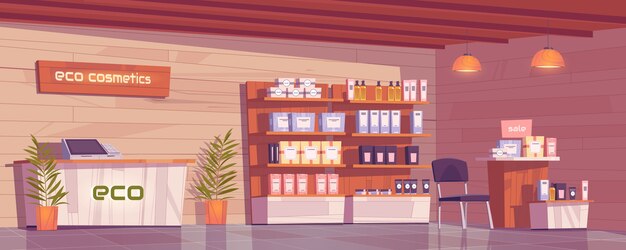 Öko-kosmetikgeschäft mit naturprodukten für make-up, hautpflege und parfüm im schaufenster.
