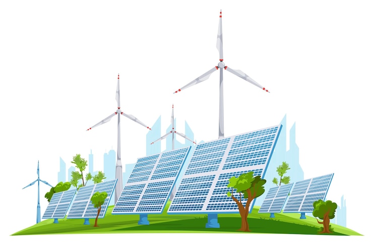 Kostenlose Vektor ökologie grüne energie realistisches konzept mit windturbinen und solarmodulen im hintergrund mit stadtbild-silhouette-vektorillustration