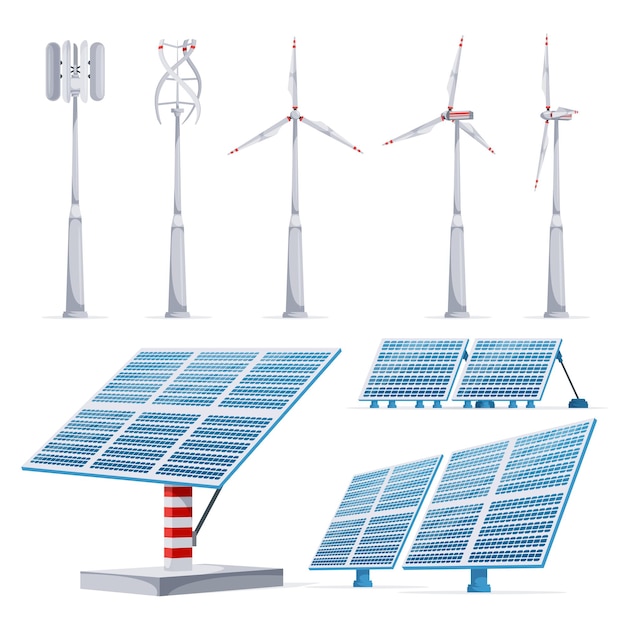 Ökologie grüne energie realistisches set mit windturbinen und solarmodulen isolierte vektorillustration