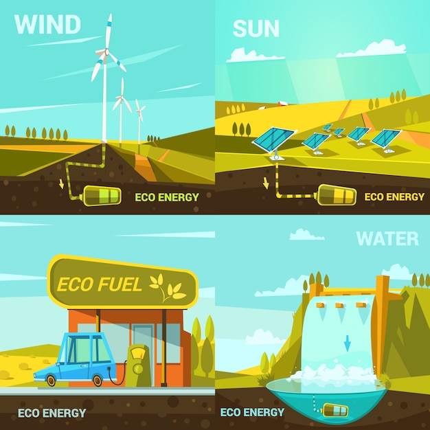 Kostenloser Vektor Ökologisches energiekonzept stellte mit retro- karikaturwindsonne- und -wasserkraftelementen ein