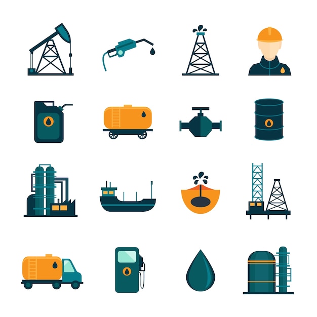 Kostenloser Vektor Öl-industrie bohr-raffination prozess petroleum transport symbole mit ölman und pumpe flach isoliert vektor-illustration gesetzt