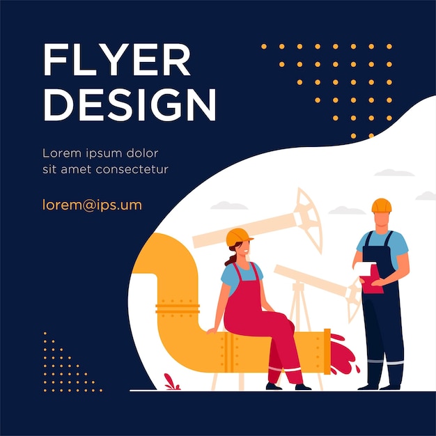 Ölmänner und ingenieure auf produktionslinie oder rohr der erdölraffinerie flat flyer vorlage