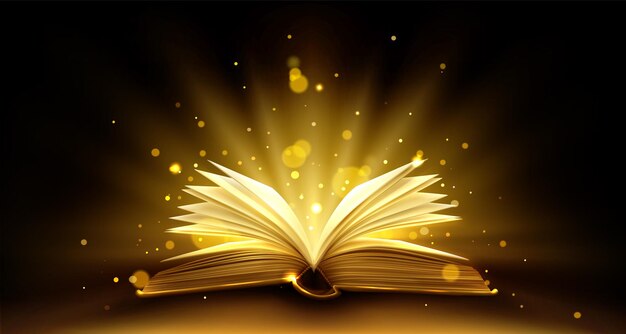 Offenes Buch mit glänzenden Seiten auf Schwarz