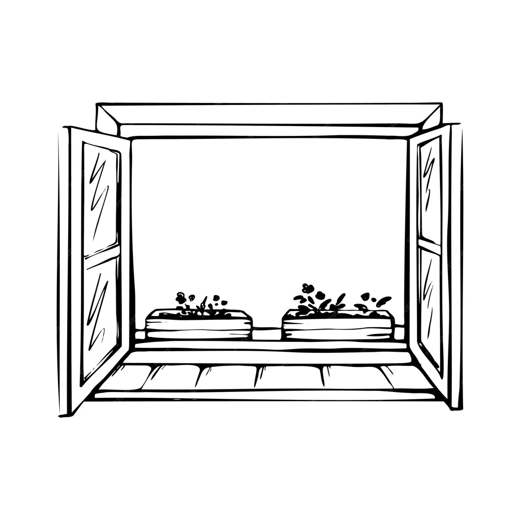 Offenes fenster und blumenskizze. innenraum des zimmers