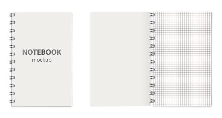 Kostenlose Vektor offenes und geschlossenes notebook-mockup realistische zusammensetzung mit ansichten von notebook-seiten und cover mit textvektor-illustration