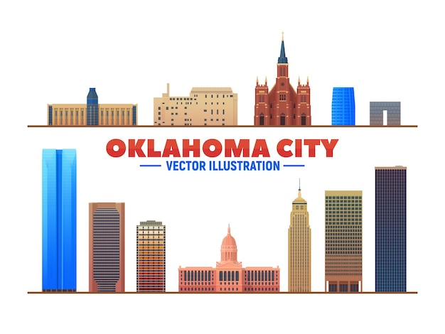 Kostenloser Vektor oklahoma city us-stadt wahrzeichen ein weißer hintergrund flacher realistischer stil mit berühmten wahrzeichen und modernen schabergebäuden vektorillustration für web- oder druckproduktion