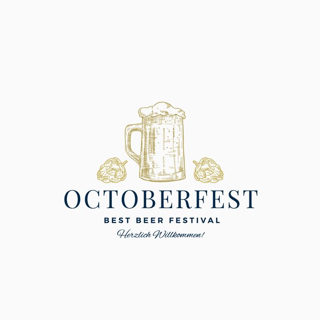 Oktoberfest best beer festival abstrakte zeichen-, symbol- oder  logo-vorlage. hand gezeichnete bierkrug-skizze mit hopfen und klassischer  typografie. vintage bier emblem oder etikett. | Premium-Vektor