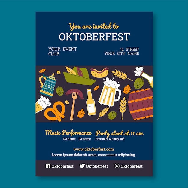 Kostenloser Vektor oktoberfest handgezeichnete flache plakatvorlage