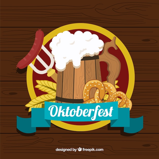 Kostenloser Vektor oktoberfest party mit bier, wurst und brezel