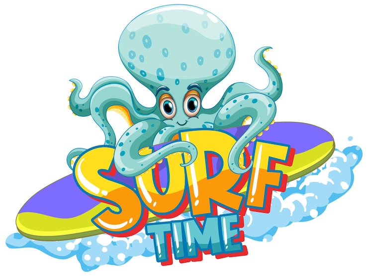 Kostenlose Vektor oktopus-zeichentrickfigur mit surfzeitwort