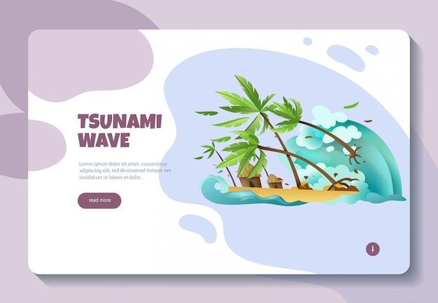 On-line-informationskonzeptfahnen-webseitenentwurf der naturkatastrophen mit tsunamiwelle las mehr knopf