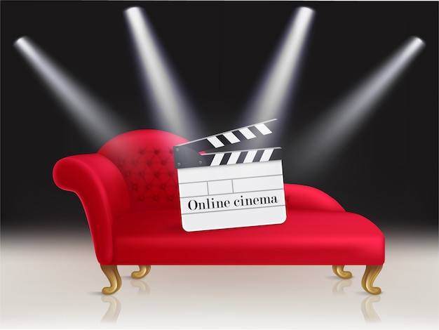 On-line-kinokonzeptillustration mit roter samtcouch und clapperboard auf ihr