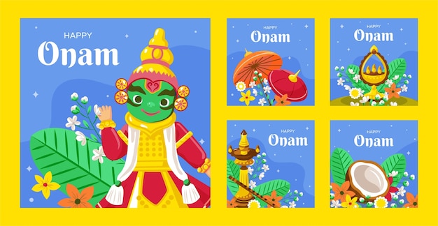 Onam handgezeichnete flache Ig-Post-Sammlung
