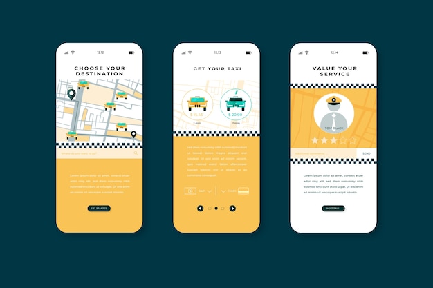 Kostenloser Vektor onboarding-app-bildschirme für mobilen taxiservice