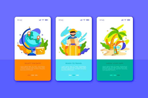 Kostenloser Vektor onboarding-app-bildschirme für mobiltelefone