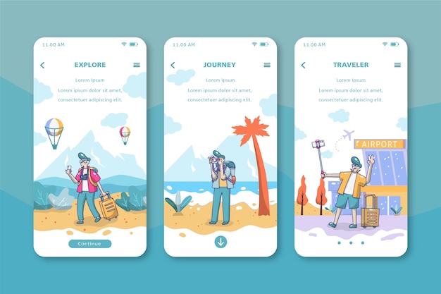 Kostenloser Vektor onboarding-app-bildschirme für unterwegs
