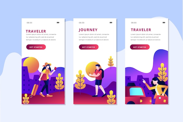 Kostenloser Vektor onboarding app bildschirme sammlung zu reisen