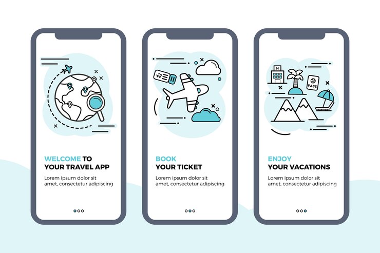 Kostenlose Vektor onboarding app bildschirme sammlung zu reisen