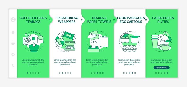 Onboarding Vorlage Fur Lebensmittelverderbte Abfalle Auf Papierbasis Teebeutel Wrapper Papiertucher Lebensmittelpaket Reaktionsschnelle Mobile Website Mit Symbolen Walkthrough Schrittbildschirme Fur Webseiten Rgb Farbkonzept Premium Vektor