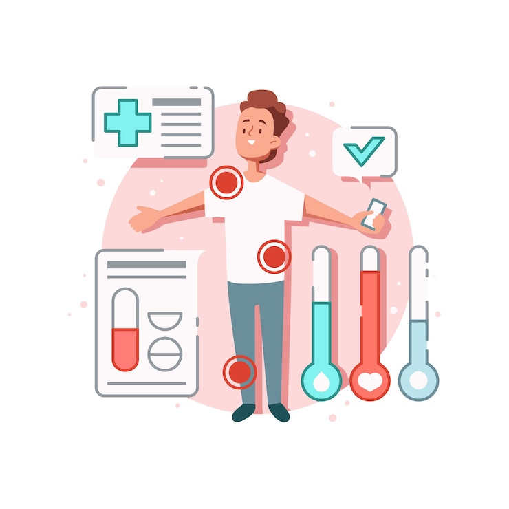 Kostenlose Vektor online-arzneimittelzusammensetzung mit menschlichem charakter des patienten mit flecken und ergebnissen der gesundheitsuntersuchung