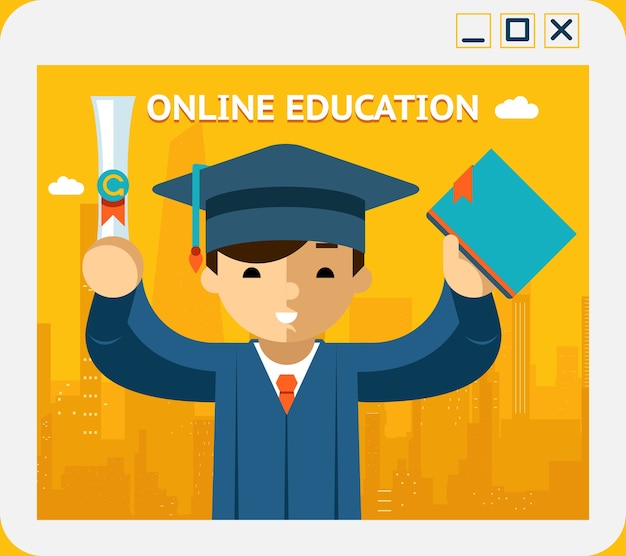 Online-Bildung. Absolvent in Kleid und Hut im App-Fenster. Wissen und Web, Konzept und E-Learning, Internet. Vektorillustration