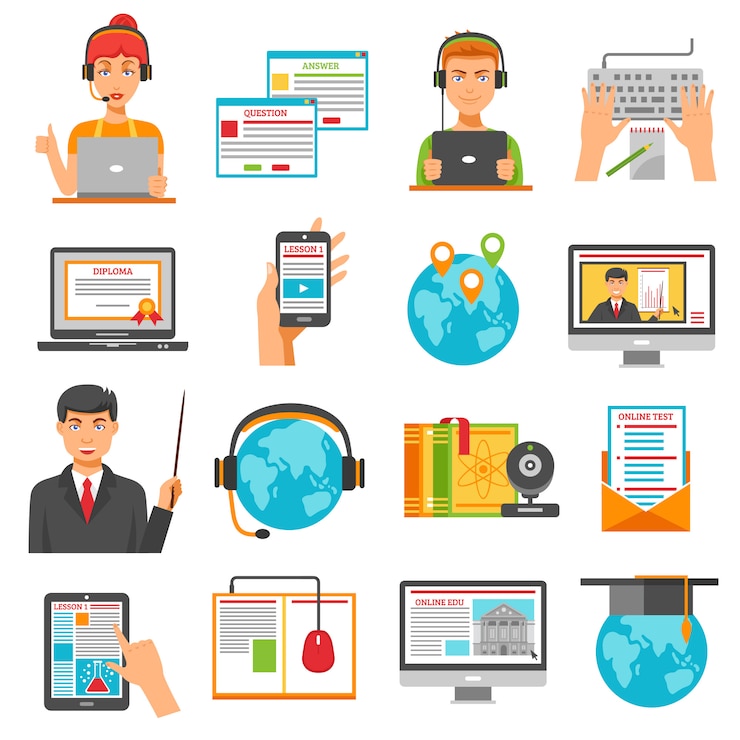 Kostenlose Vektor online-bildung-icon-set