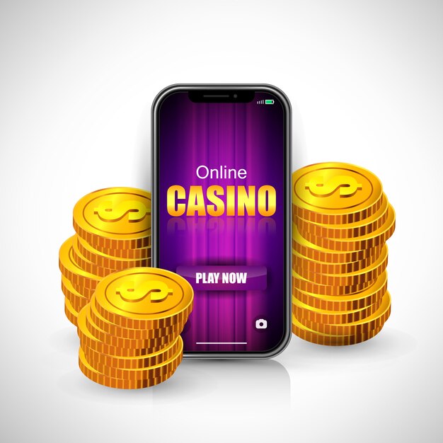 Online Casino Schriftzug auf Smartphone-Bildschirm und Stapel von Münzen.