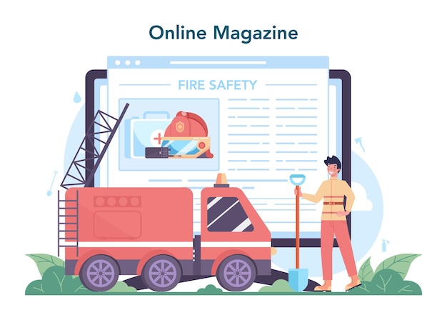 Online-Dienst oder Plattform für Feuerwehrleute Professionelle Feuerwehr, die mit Flamme feuert Charakter, der Menschen rettet Online-Magazin Flache Vektorillustration