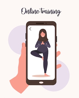 Online-konzept für yoga und sport zu hause. übungen mit einer mobilen app machen. bleiben sie während epidemien und quarantäne gesund und fit. vektorillustration der arabischen frau im hijab, der yoga über internet unterrichtet.
