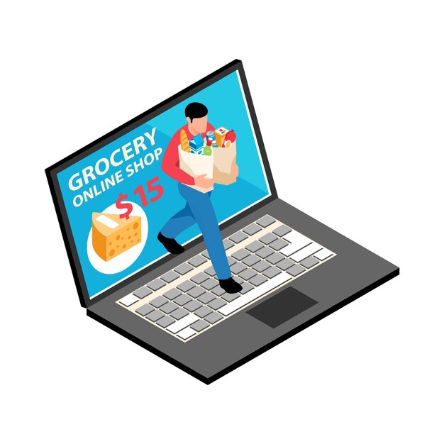 Online-Lebensmittelgeschäft-Illustration mit isometrischem Laptop und Charakter mit Waren in Papiertüten
