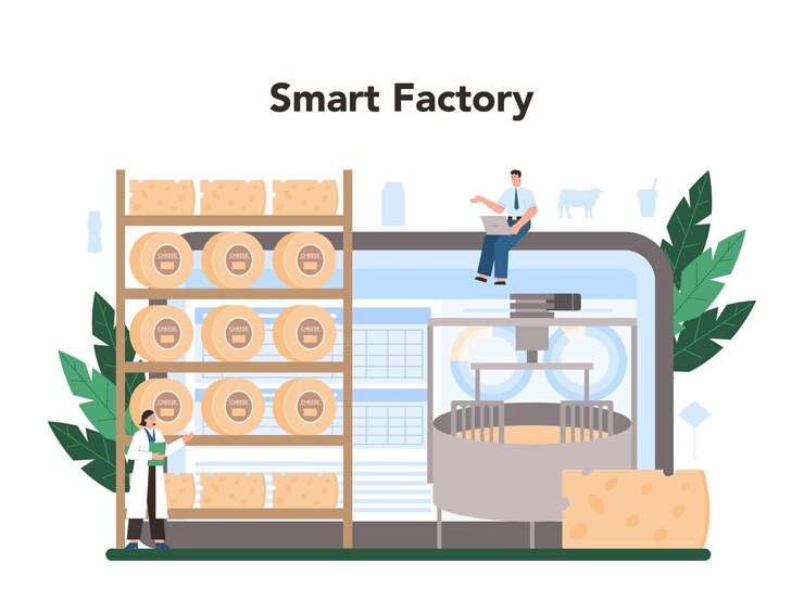 Kostenlose Vektor online-service oder plattform für die milchproduktionsindustrie molkerei-naturprodukte zum frühstück molkereipasteurisierung fermentation und käseherstellung intelligente online-fabrik flache vektordarstellung