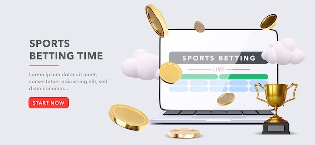 Online-sportwetten-banner-konzept mit lapotop, münzen, wolken und einem becher in einem realistischen 3d-stil.