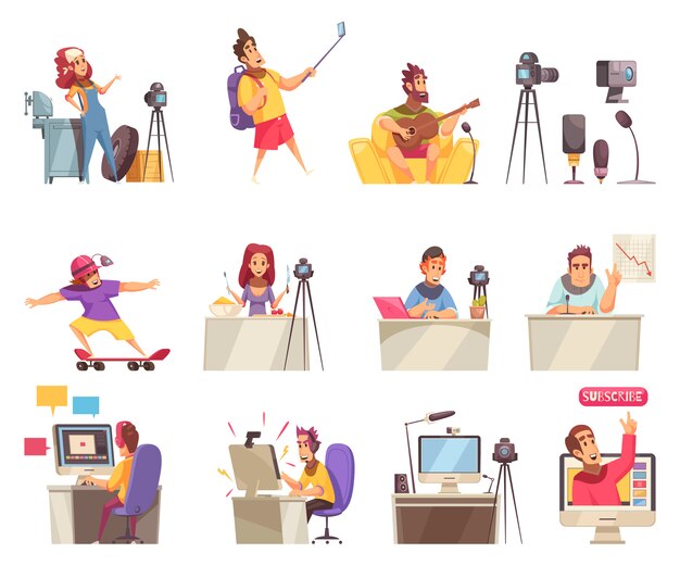 Online vlogger icon set