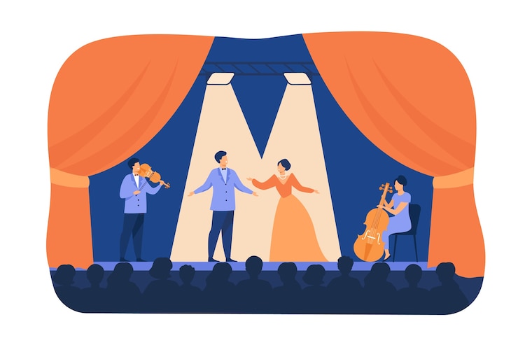 Kostenlose Vektor opernsänger spielen mit musikern auf der bühne. theaterkünstler tragen kostüme, stehen im rampenlicht und singen vor publikum. flache karikaturillustration für drama, leistungskonzept