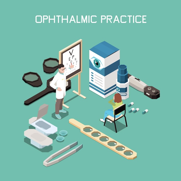 Ophthalmologische Instrumente und Medizin isometrische Zusammensetzung Illustration