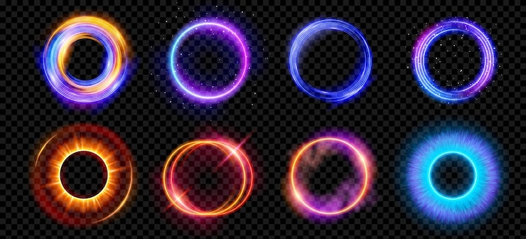 Kostenlose Vektor optische halo-fackeln mit neonlicht-vektoreffekt-set isoliert auf transparentem hintergrund kreislinsenring mit glitzerndem 3d-digitaldesign strahlendes geschwindigkeitsbewegungsdesign magischer energiewirbel mit funken