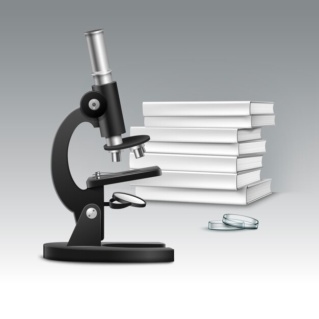 Optisches Vektorschwarzmetallmikroskop mit Petrischale und Stapel weißer Bücher lokalisiert auf Hintergrund