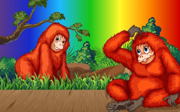 Kostenloser Vektor orang-utan-cartoon-figur im wald auf gradientenregenbogenhintergrund