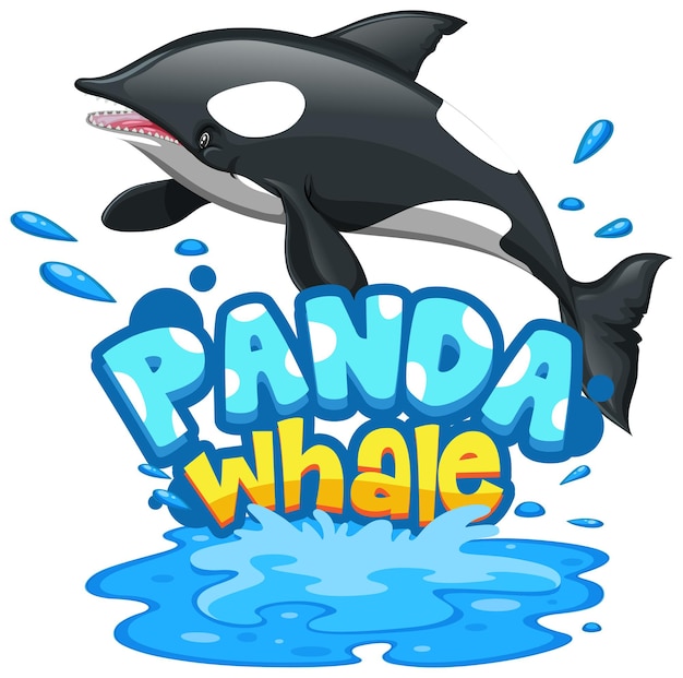 Kostenloser Vektor orca- oder killerwal-cartoon-figur mit panda whale-schriftart-banner isoliert