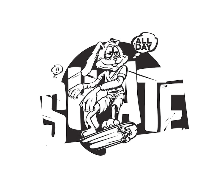 Kostenlose Vektor oster-t-shirt-design-häschen mit skateboard-text ganztägig skate-banner-vorlage.