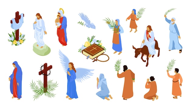 Ostern jesus christus jungfrau maria isometrischer satz biblischer zeichen isoliert auf weißer hintergrundvektorillustration