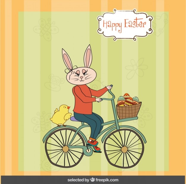 Ostern-karte mit kaninchen mit dem fahrrad