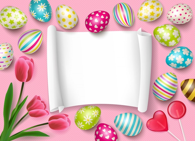 Kostenloser Vektor ostern-zusammensetzung mit leerem papierrahmen für glückwunschtext und bilder der eibonbon- und -blumenillustration