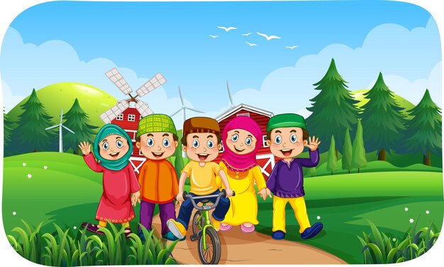 Outdoor-Bauernhofszene mit vielen muslimischen Kindern