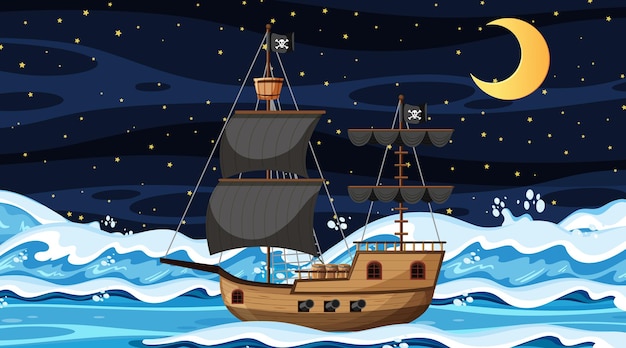 Ozean mit piratenschiff in der nachtszene im cartoon-stil