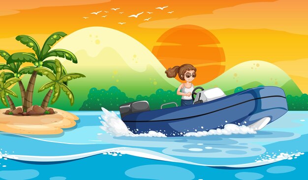 Ozeanwellenlandschaft mit einer Frau, die ein Boot fährt